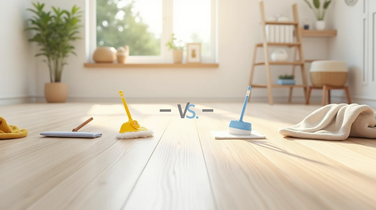 Dos tipos de mops sobre piso de madera clara, en un hogar luminoso. VS en el centro.