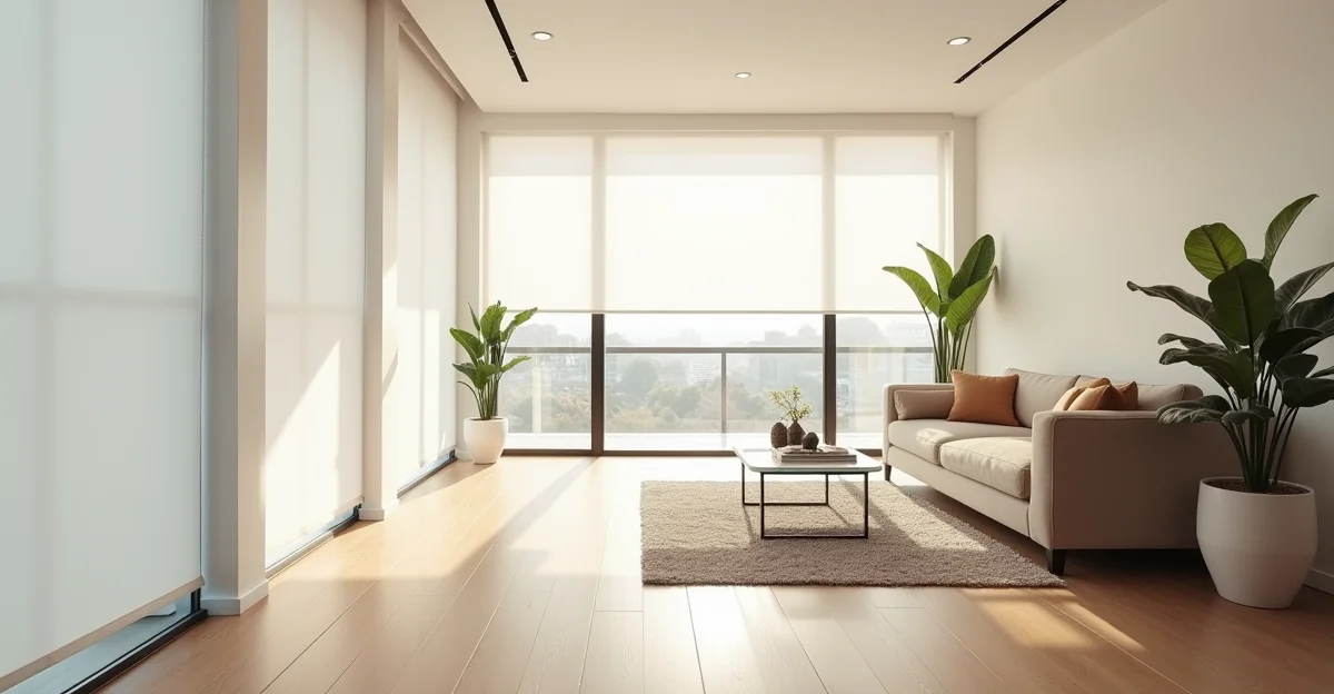 Sala moderna con persianas motorizadas blancas, piso laminado claro en tono roble y luz natural filtrada por ventanales