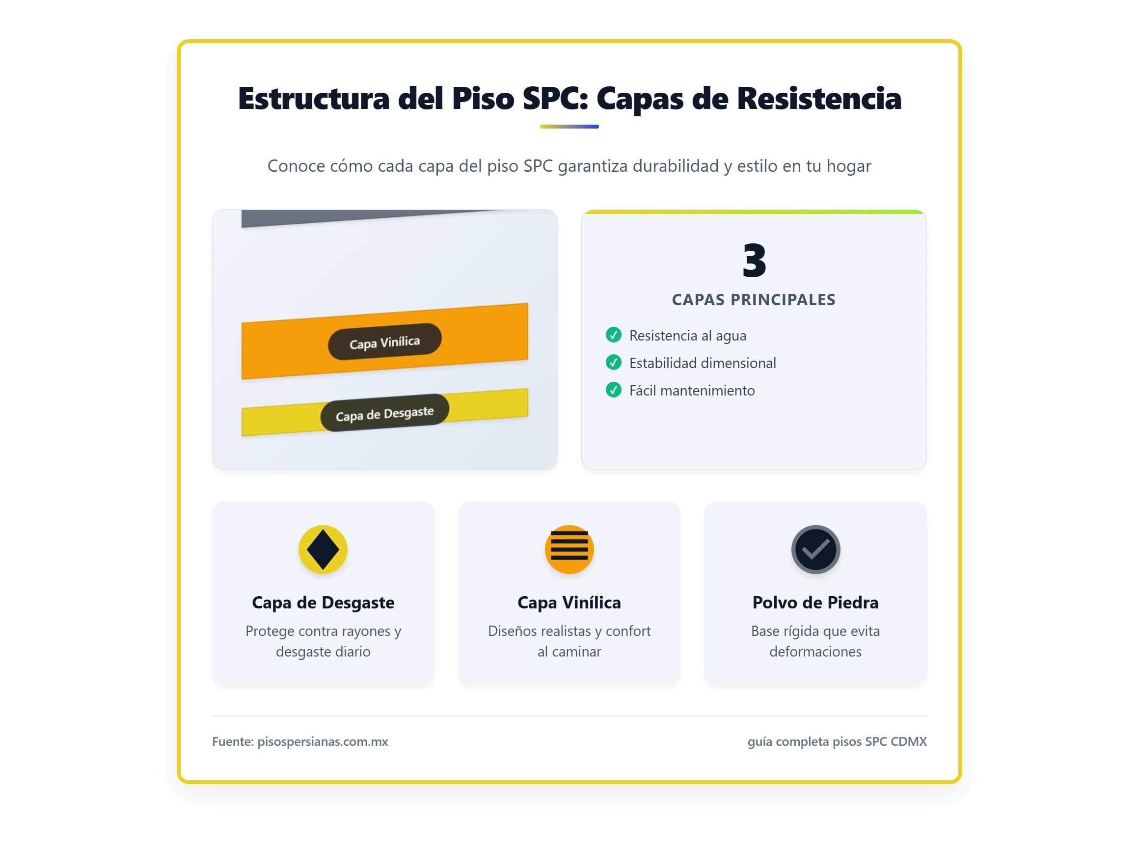 Ilustración técnica que muestra la capa estructural del piso SPC (capa de polvo de piedra, capa vinílica y capa de desgaste)