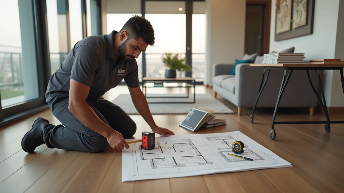 Instalador certificado mide piso laminado en departamento moderno de CDMX, con herramientas profesionales, plano digital y
