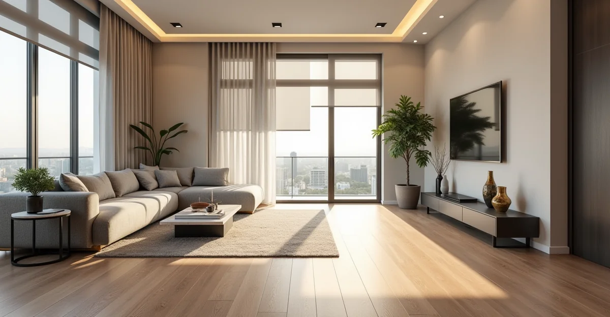 Salón moderno en CDMX con piso laminado en tono roble, persianas motorizadas grises parcialmente bajadas, sofá minimalista