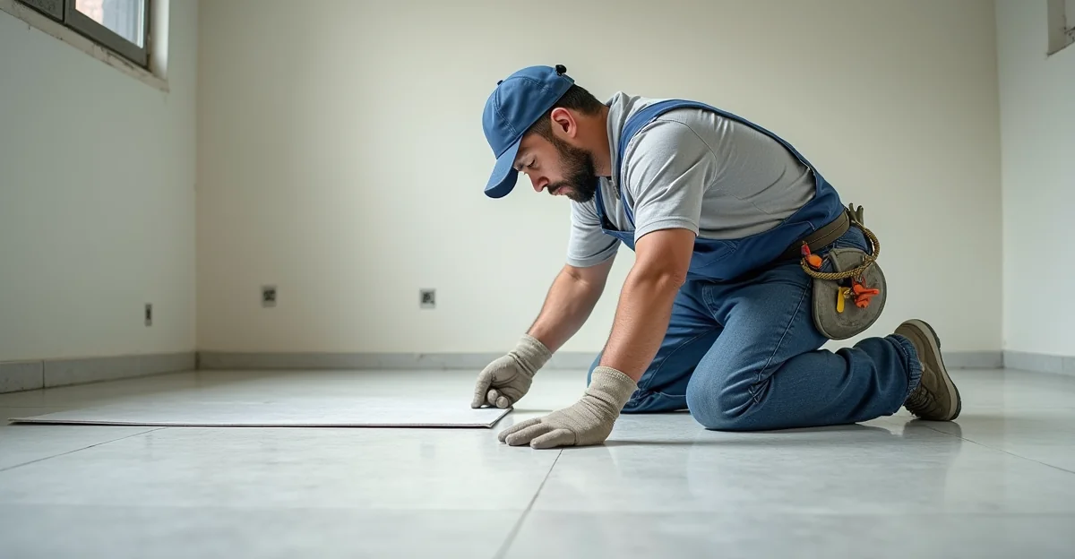 Instalador midiendo y colocando láminas de piso SPC en una sala de la zona norte de CDMX, sin texto