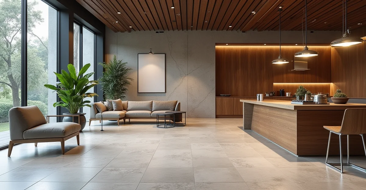 Fotografía de un salón moderno en CDMX con piso SPC impecable, mostrando la textura del material sin texto sobre la imagen