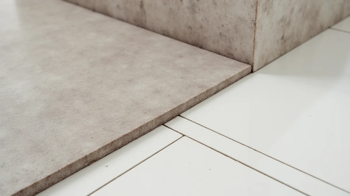 Detalle de instalación de piso SPC en una habitación, resaltando la capa de base de piedra caliza y el acabado superficial