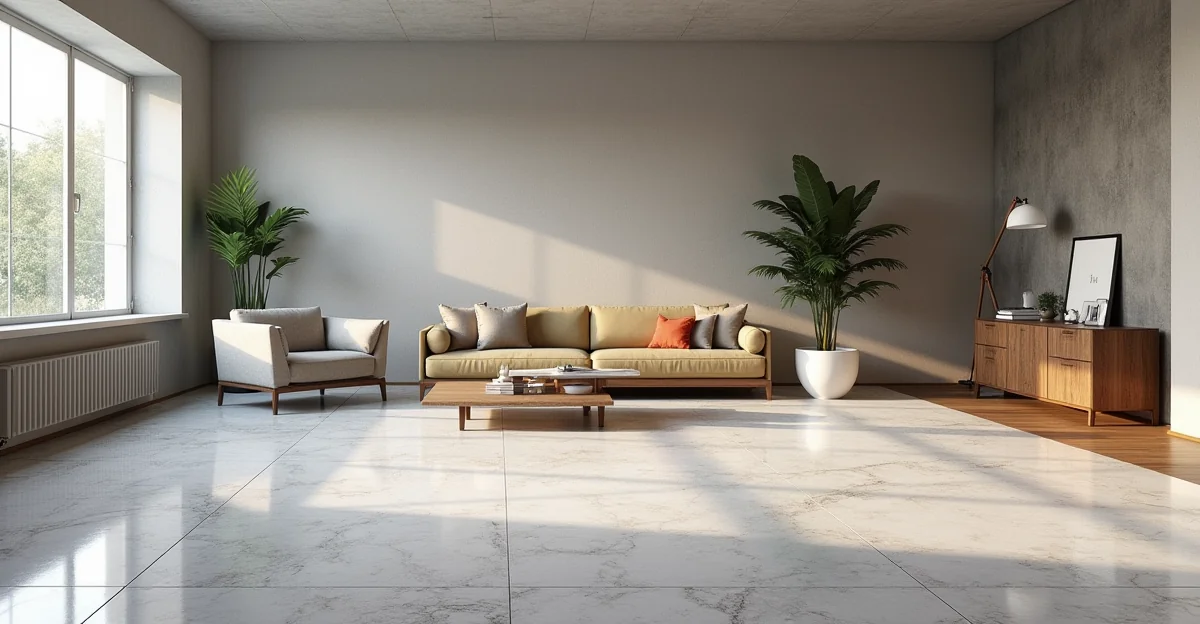 Sala moderna con piso SPC instalado, mostrando la textura y contraste con muebles contemporáneos, sin texto superpuesto