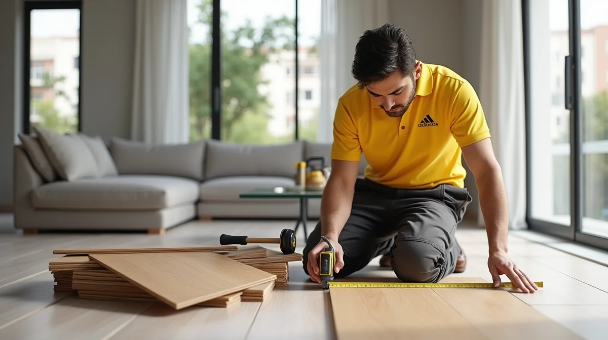 Instalador certificado mide piso laminado en sala moderna de Polanco, con herramientas profesionales y muestras de roble