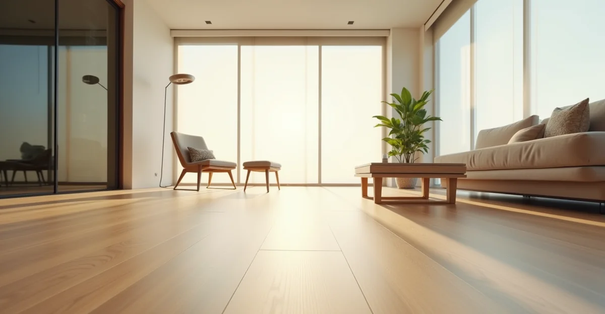 Sala moderna en CDMX con piso laminado claro, persianas Sheer Elegance motorizadas y luz natural filtrada