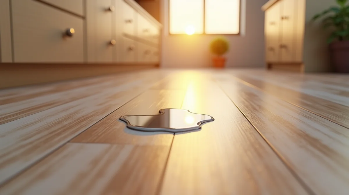 Charco de agua sobre piso laminado de madera clara, reflejando la luz dorada del atardecer.