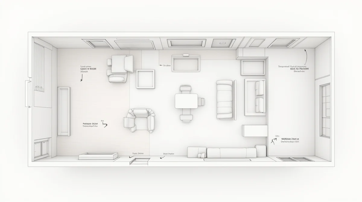 Plano arquitectónico minimalista con anotaciones técnicas: distribución de piso laminado, ventanas para persianas