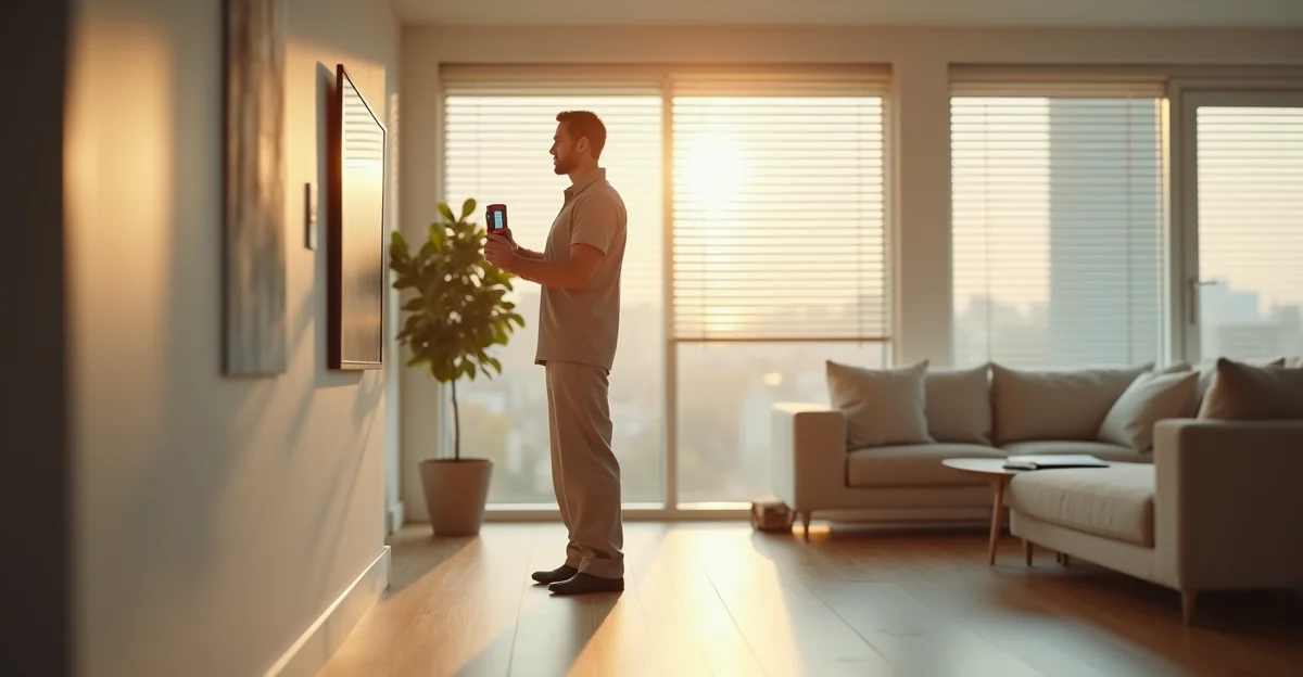 Especialista mide con láser en sala moderna: piso laminado con vetas de madera y persianas motorizadas parcialmente abiertas