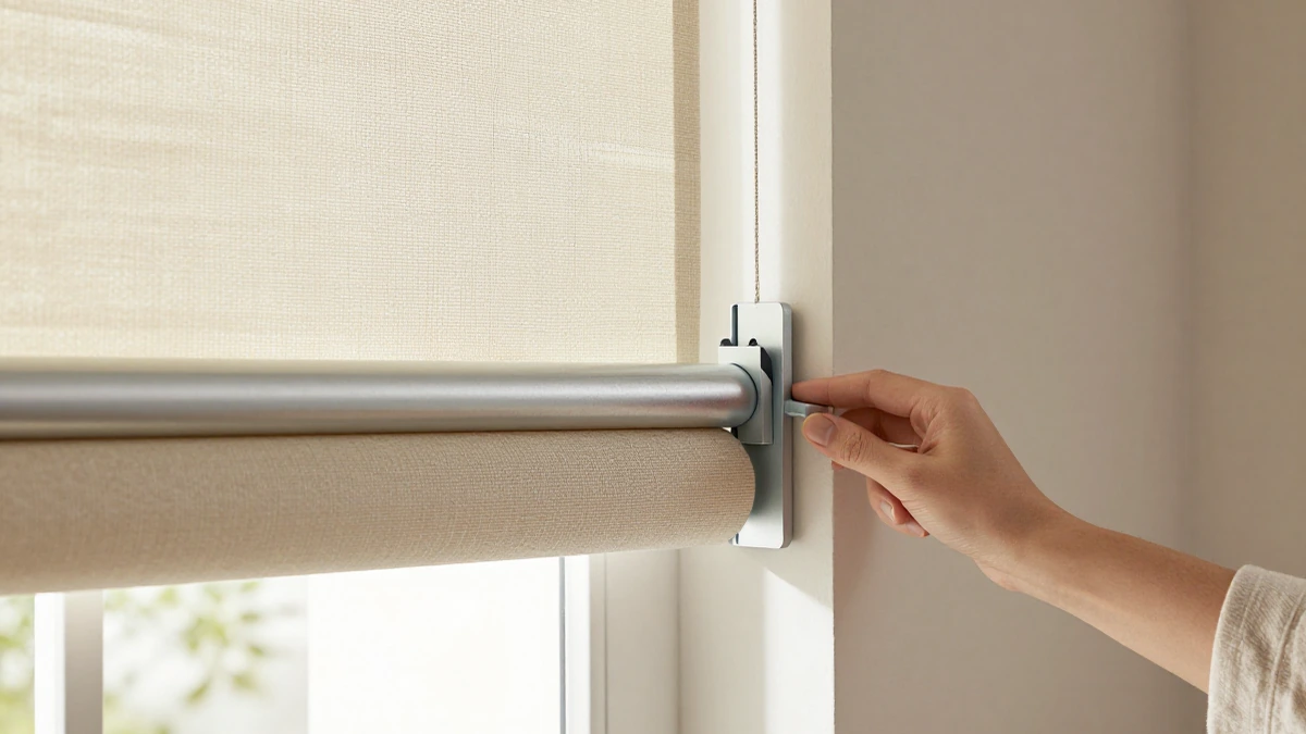 Primer plano de un mecanismo de persiana enrollable con soporte de aluminio y tela a medida ajustada perfectamente al marco