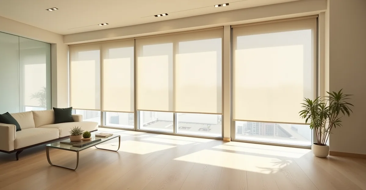 Sala minimalista con piso laminado claro, persianas motorizadas neutras parcialmente bajadas, luz natural difusa y mobiliario